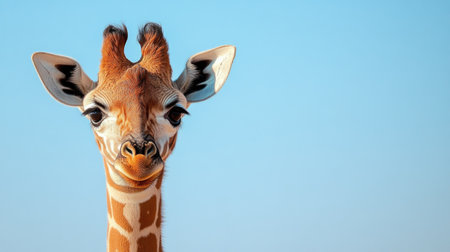 A baby giraffe peeking over its mother, with open space for text in the blue skyの素材