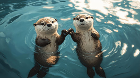 A pair of cute otters holding hands while floating in water, room for copy in the calm water backgroundの素材