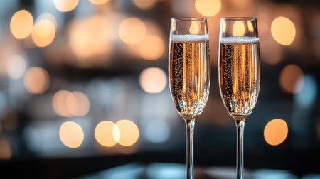 Two champagne glasses clinking together, representing romance and celebration. No people, space for message or brandingの素材