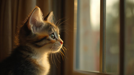 A curious kitten looking out of a window, with room for copy in the soft indoor lightの素材