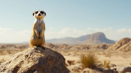 A curious meerkat standing upright on a rock, with space for text in the desert landscapeの素材