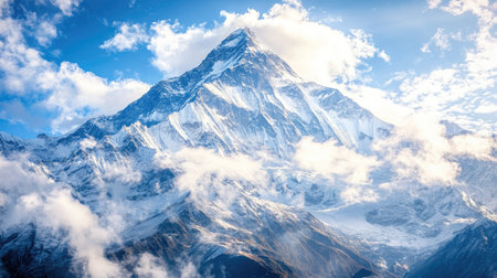 A majestic snow-capped mountain under bright sunlight, with ample space for branding or text. No people, breathtaking viewの素材