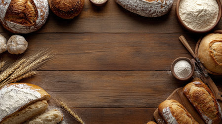 Top view of freshly baked bread and flour on a wooden background, room for copy in the middleの素材
