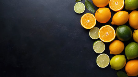 Top view of whole and sliced oranges, lemons, and limes arranged with ample space for textの素材