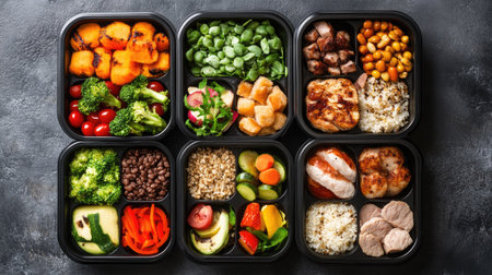 Top view of portioned meals with balanced nutrients for weight loss. No people, copy space availableの素材