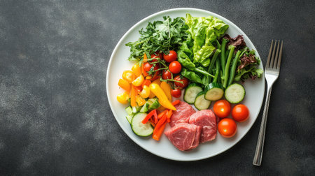 Top view of a weight loss diet plate with lean protein and colorful veggies. No people, room for textの素材