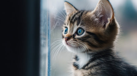 A curious kitten looking out of a window, with room for copy in the soft indoor lightの素材