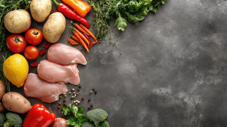 Top view of lean protein and fresh veggies for a weight loss diet. No people, copy space for textの素材