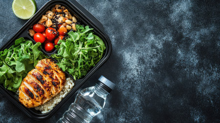 Top view of a weight loss meal with lean protein, greens, and a water bottle. No people, copy space availableの素材