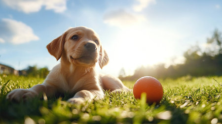 A playful puppy lying on a grass field with a ball, room for copy in the open sky aboveの素材