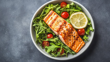 Top view of portion-controlled weight loss meal with salmon and greens. No people, copy space availableの素材