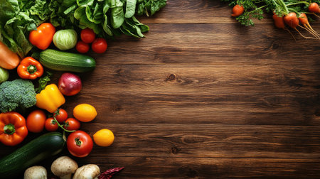 Top view of a vibrant assortment of fresh vegetables on a wooden background, with space for text. Copy space for food-related messagesの素材