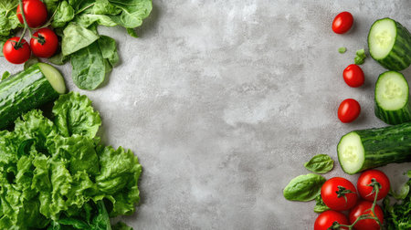 Top view of leafy greens, tomatoes, and cucumbers on a clean background with space for copyの素材
