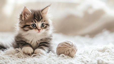 A fluffy kitten playing with yarn, with ample copy space in the surrounding areaの素材
