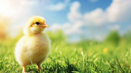 A fluffy chick standing on a sunny field of grass, with space for text in the background skyの素材