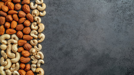 Top view of a selection of different nuts--almonds, cashews, walnuts--spread around with space for textの素材