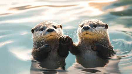 A pair of cute otters holding hands while floating in water, room for copy in the calm water backgroundの素材