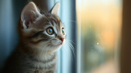 A curious kitten looking out of a window, with room for copy in the soft indoor lightの素材