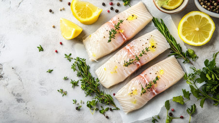 Top view of fresh fish fillets with herbs and lemon wedges, perfect for text overlayの素材