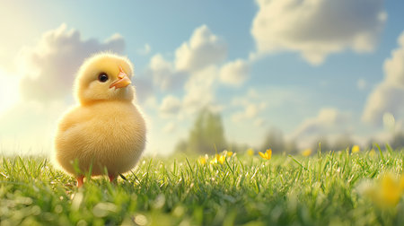 A fluffy chick standing on a sunny field of grass, with space for text in the background skyの素材