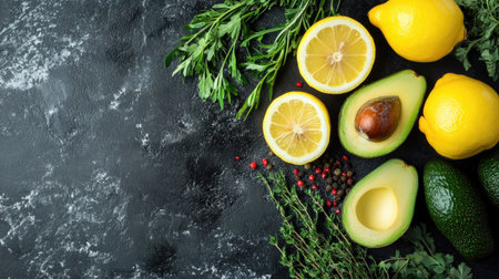 Top view of fresh avocados, lemons, and herbs, perfect for copy spaceの素材