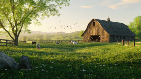 A serene animal farm with a wooden barn in the background, surrounded by green fields, and a clear skyの素材