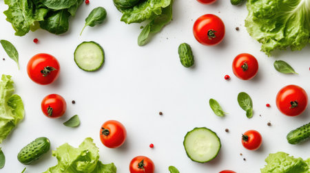 Top view of leafy greens, tomatoes, and cucumbers on a clean background with space for copyの素材
