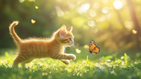 A playful kitten chasing a butterfly in a garden, with room for text in the soft-focus backgroundの素材