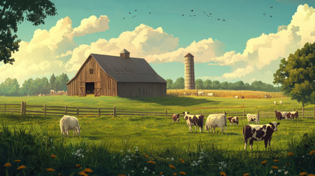 A serene animal farm with a wooden barn in the background, surrounded by green fields, and a clear skyの素材