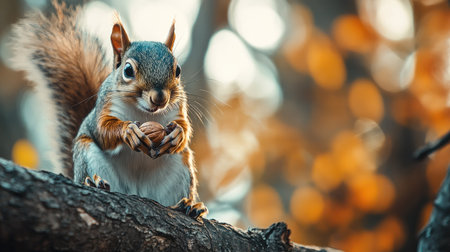 A curious squirrel holding a nut, standing on a tree branch, with space for text in the blurred backgroundの素材