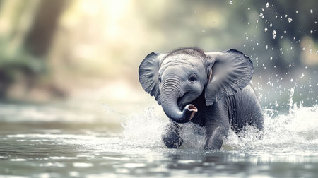 A cute baby elephant splashing in the water, with space for text in the soft, open backgroundの素材