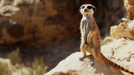 A curious meerkat standing upright on a rock, with space for text in the desert landscapeの素材
