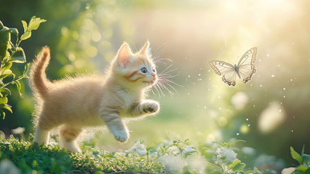 A playful kitten chasing a butterfly in a garden, with room for text in the soft-focus backgroundの素材