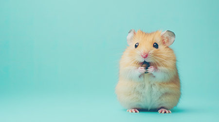 A fluffy hamster holding a sunflower seed, with space for text in the empty backgroundの素材