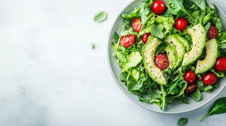 Weight loss diet featuring fresh salad with avocado, cherry tomatoes, and greens. No people, space for copyの素材