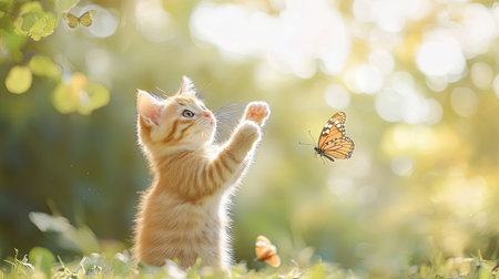 A playful kitten batting at a butterfly, with space for text in the soft outdoor backgroundの素材