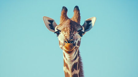 A baby giraffe peeking over its mother, with open space for text in the blue skyの素材