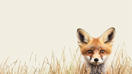 A curious red fox cub peeking from behind tall grass, with space for text in the backgroundの素材
