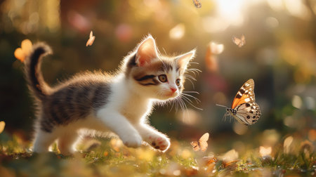 A playful kitten chasing a butterfly in a garden, with room for text in the soft-focus backgroundの素材