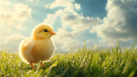 A fluffy chick standing on a sunny field of grass, with space for text in the background skyの素材
