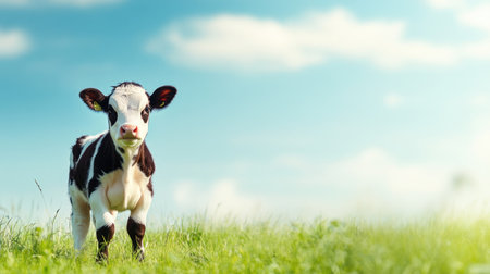 A cute baby cow standing in a grassy field, with space for copy in the blue sky aboveの素材