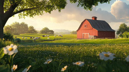 A serene animal farm with a wooden barn in the background, surrounded by green fields, and a clear skyの素材