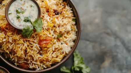 A close-up of a plate of flavorful biryani with a side of raita, leaving space on the side for textの素材