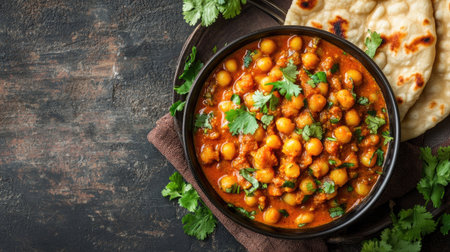 A bowl of hot and spicy chana masala with naan, with room on the side for a messageの素材