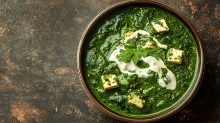 A bowl of palak paneer garnished with cream, with space on the left for textの素材