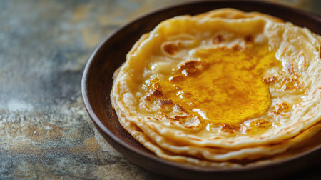 A serving of hot, fluffy puran poli with ghee, with blank space on the side for copyの素材