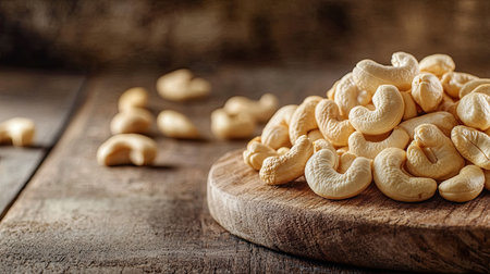 A pile of cashew nuts on a wooden board, with room on the left for textの素材