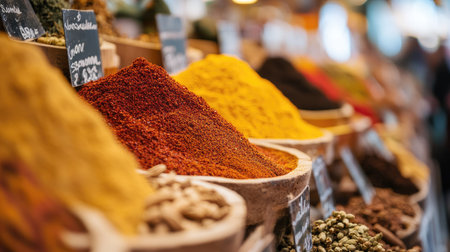 A close-up of organic spices in a market stall, with room on the side for a messageの素材