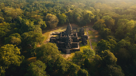 Aerial view of ancient temples amidst lush green forests in Cambodia showcasing the grandeur of Southeast Asian civilization. Copy space availableの素材