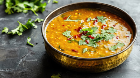 Traditional dal fry served in a brass bowl, with a sprinkle of cilantro and space on the left for copyの素材